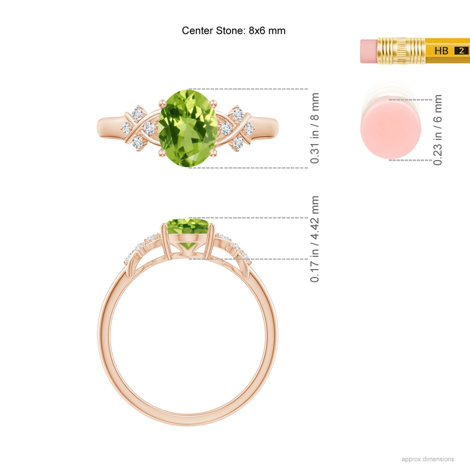8x6mm AAA Solitaire Oval Peridot Criss Cross Ring with Diamonds in Rose Gold ruler