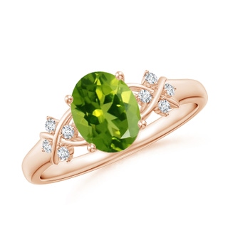 8x6mm AAAA Solitaire Oval Peridot Criss Cross Ring with Diamonds in 10K Rose Gold