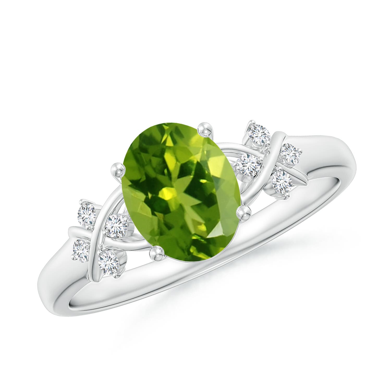 8x6mm AAAA Solitaire Oval Peridot Criss Cross Ring with Diamonds in P950 Platinum
