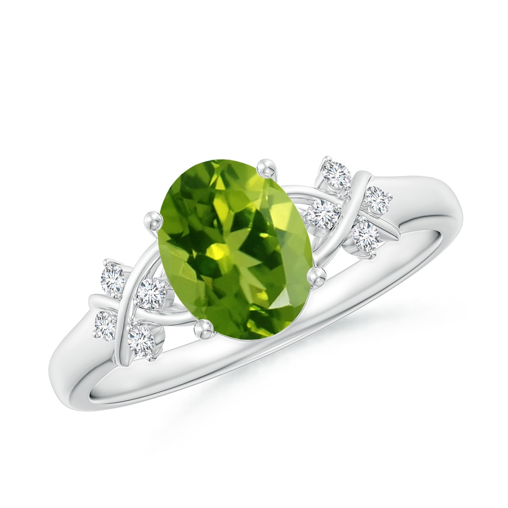 8x6mm AAAA Solitaire Oval Peridot Criss Cross Ring with Diamonds in White Gold