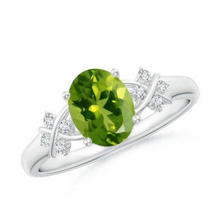 8x6mm AAAA Solitaire Oval Peridot Criss Cross Ring with Diamonds in White Gold