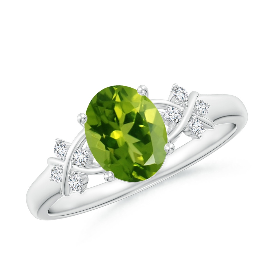 8x6mm AAAA Solitaire Oval Peridot Criss Cross Ring with Diamonds in White Gold 