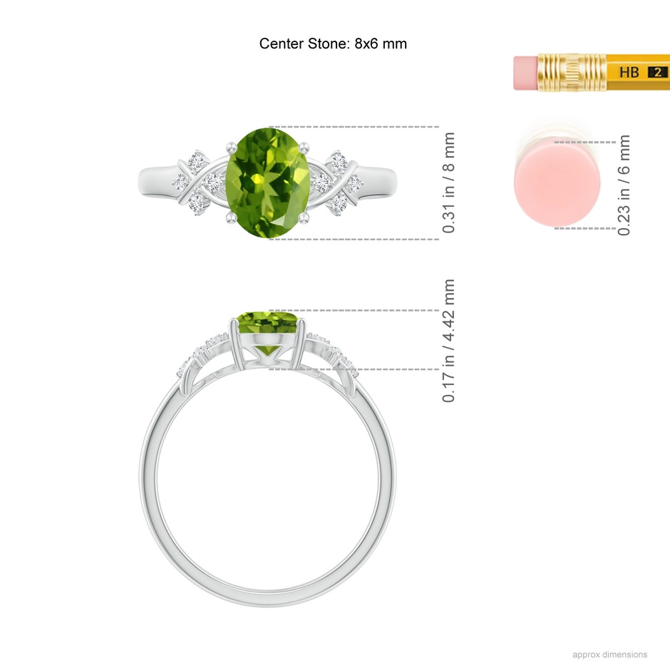 8x6mm AAAA Solitaire Oval Peridot Criss Cross Ring with Diamonds in White Gold ruler