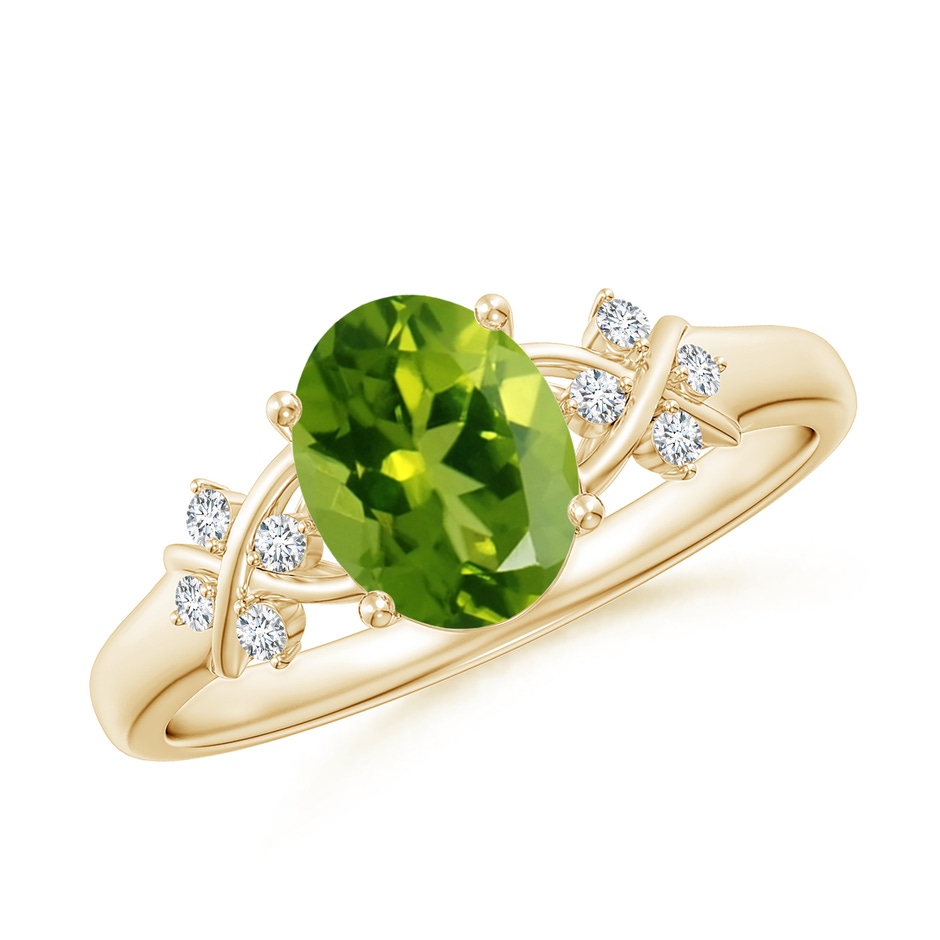 8x6mm AAAA Solitaire Oval Peridot Criss Cross Ring with Diamonds in Yellow Gold 