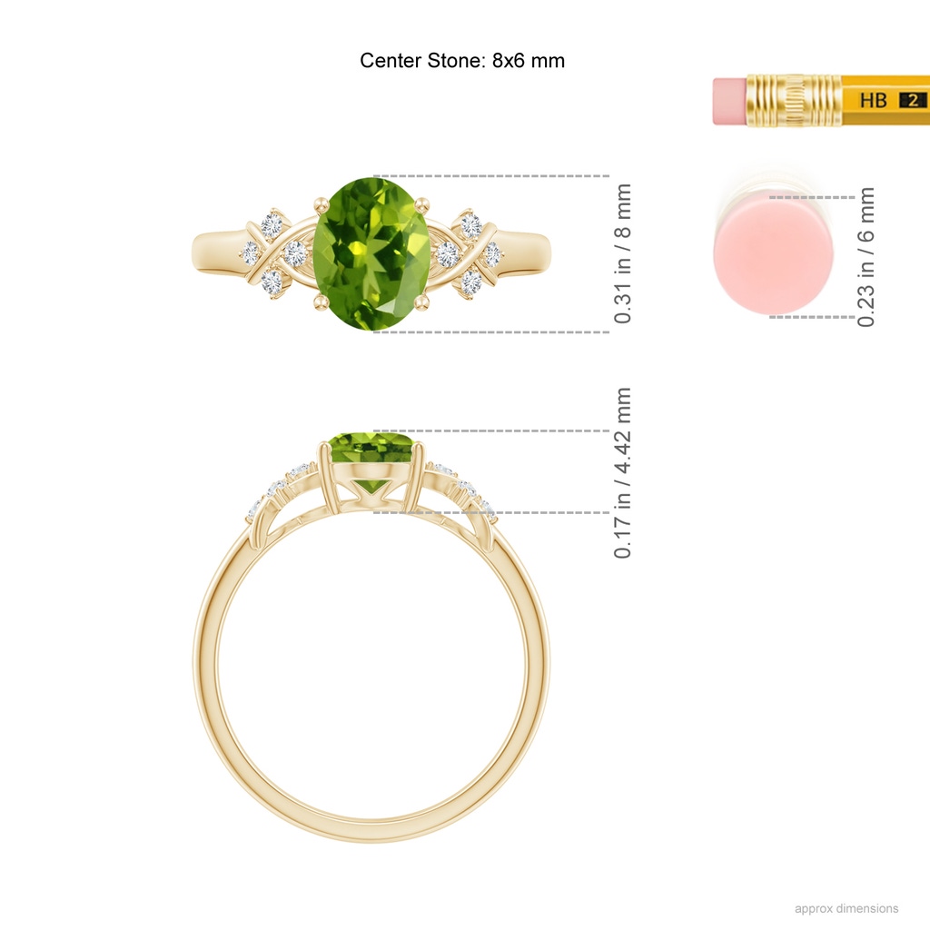 8x6mm AAAA Solitaire Oval Peridot Criss Cross Ring with Diamonds in Yellow Gold ruler