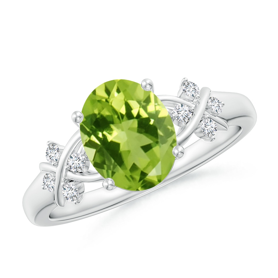9x7mm AAA Solitaire Oval Peridot Criss Cross Ring with Diamonds in White Gold 