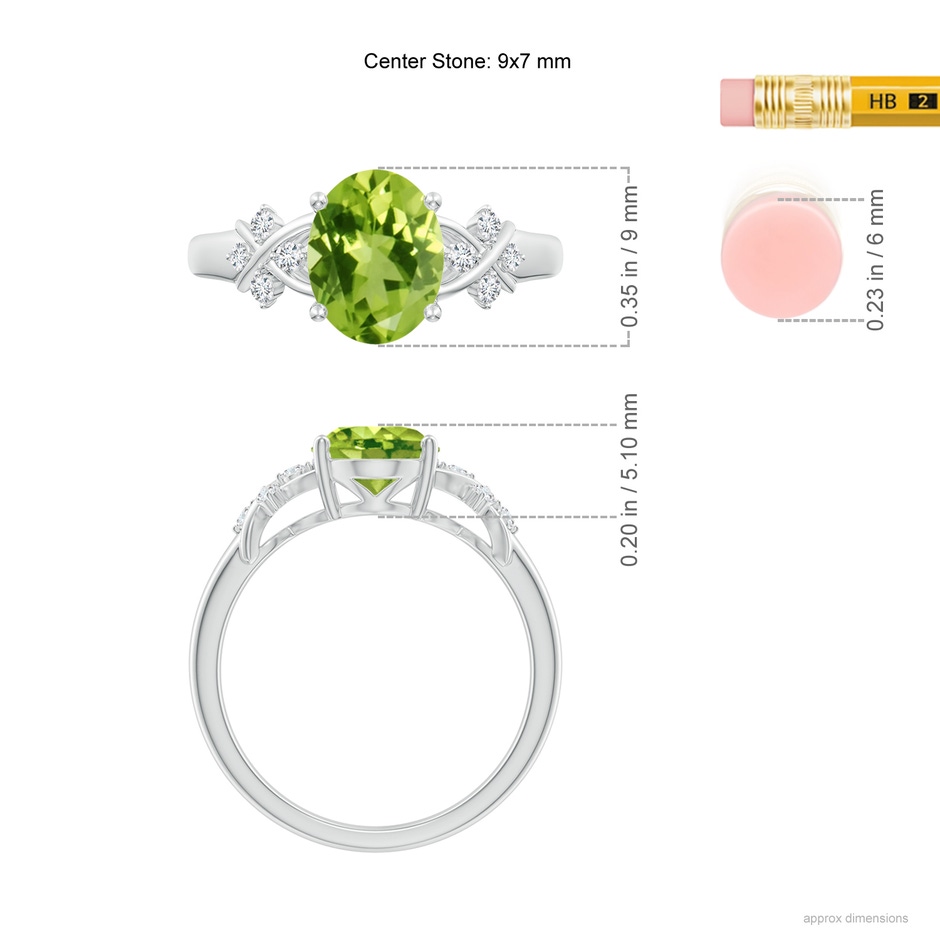 9x7mm AAA Solitaire Oval Peridot Criss Cross Ring with Diamonds in White Gold ruler