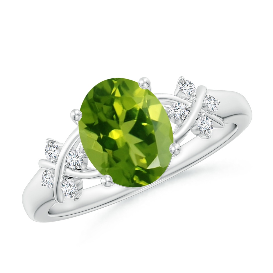 9x7mm AAAA Solitaire Oval Peridot Criss Cross Ring with Diamonds in White Gold 