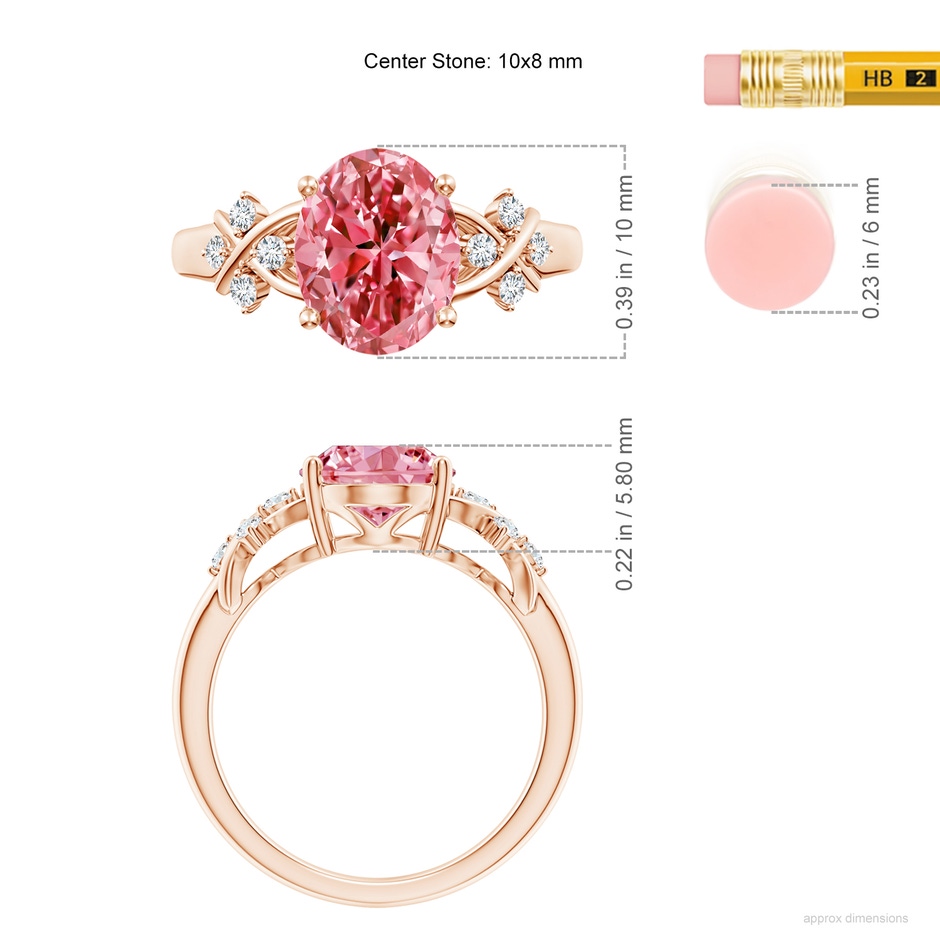 10x8mm AAAA Solitaire Oval Fancy Intense Pink Diamond Criss Cross Ring in Rose Gold ruler