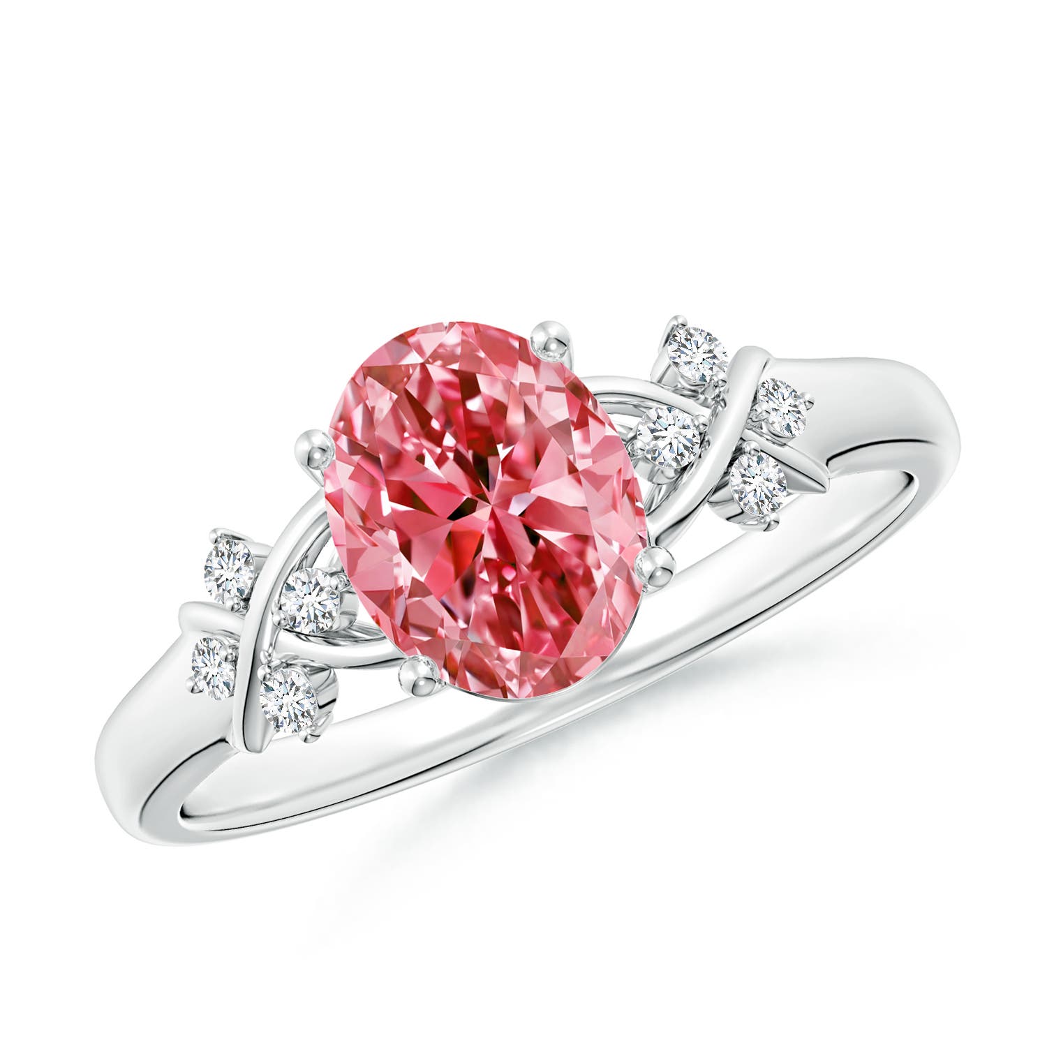 Intense Pink Prong-Set Oval Fancy Intense Pink Diamond Halo Engagement Ring with Accents
