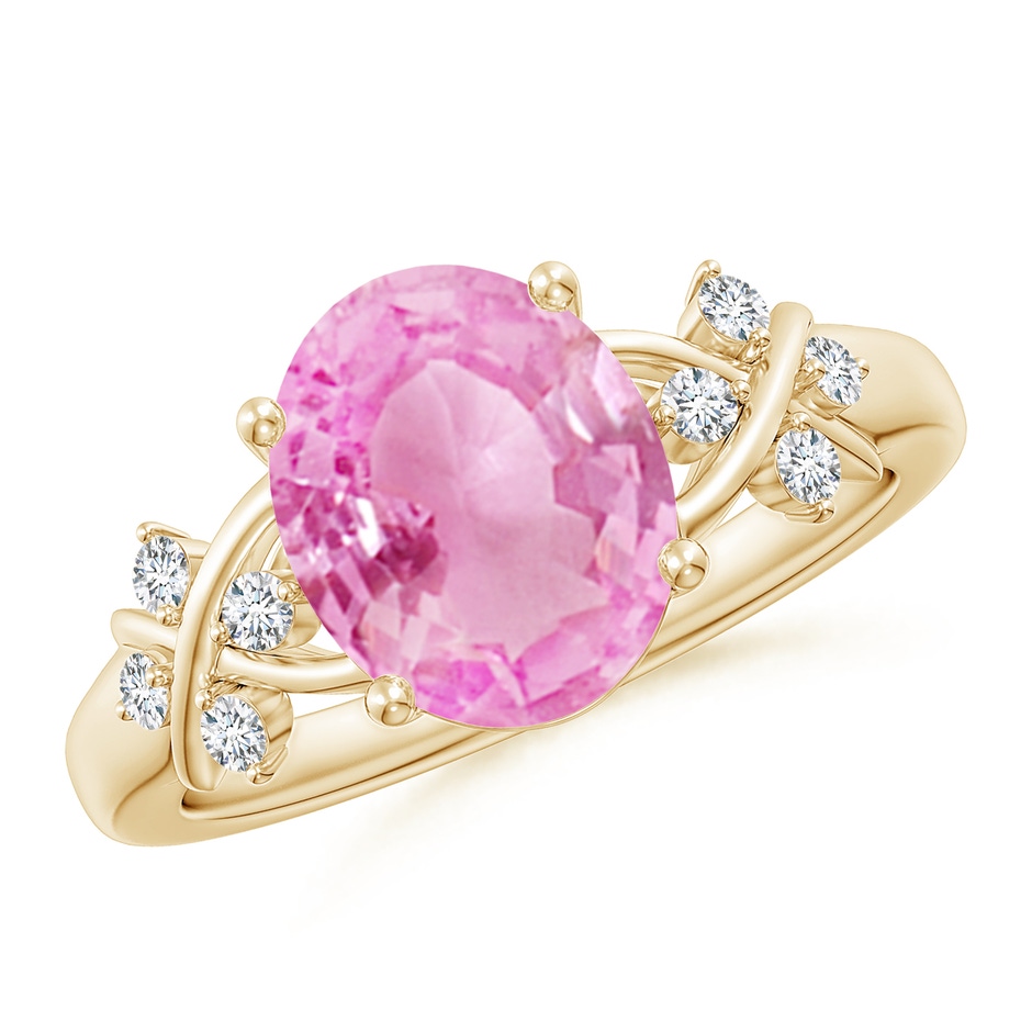 10x8mm A Solitaire Oval Pink Sapphire Criss Cross Ring with Diamonds in Yellow Gold 