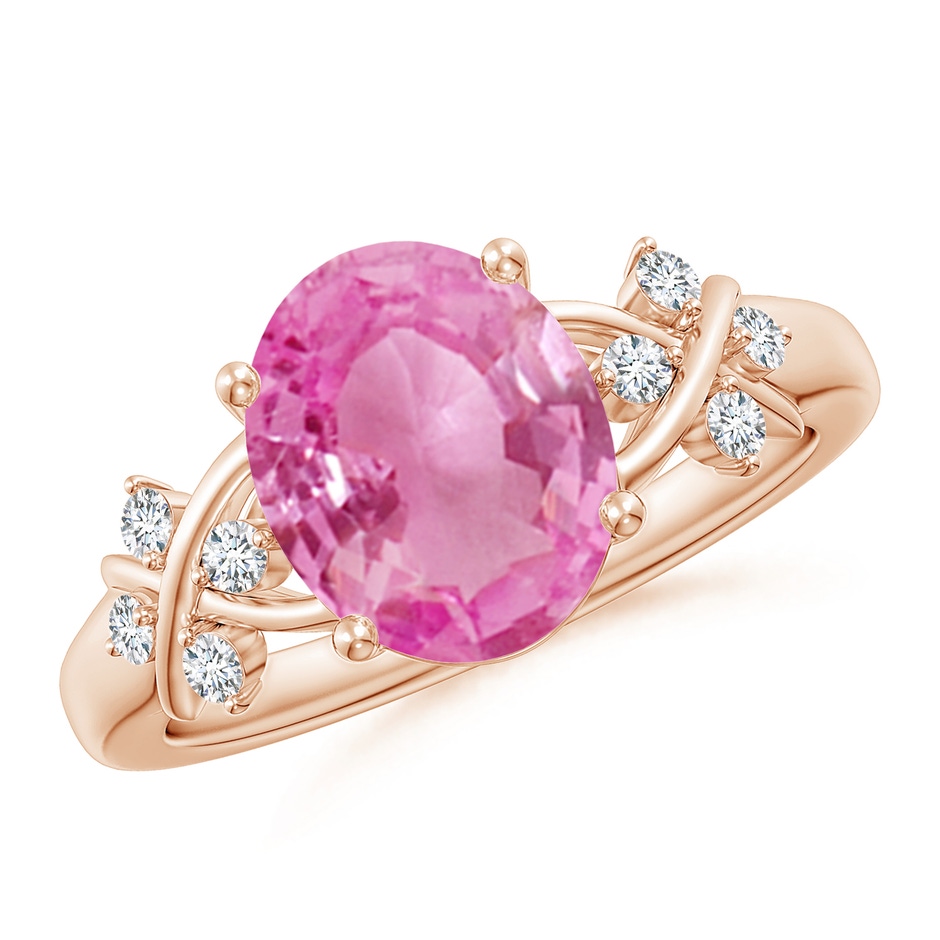 10x8mm AA Solitaire Oval Pink Sapphire Criss Cross Ring with Diamonds in Rose Gold 