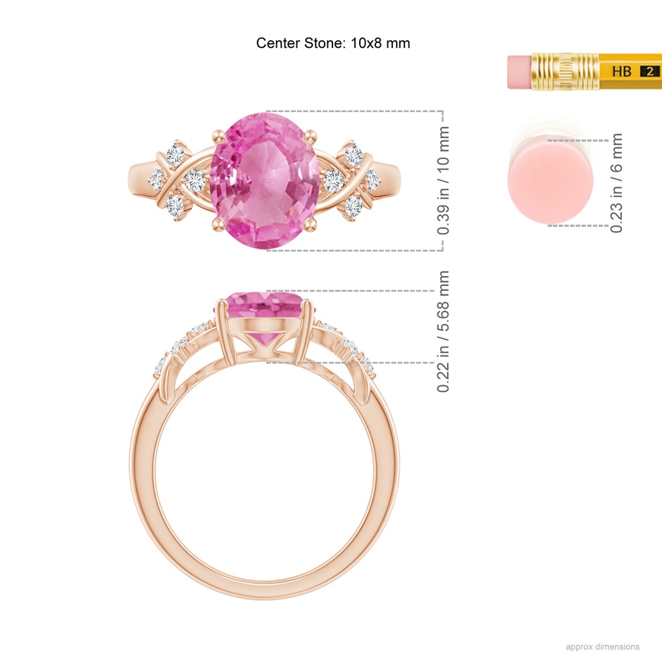 10x8mm AA Solitaire Oval Pink Sapphire Criss Cross Ring with Diamonds in Rose Gold ruler
