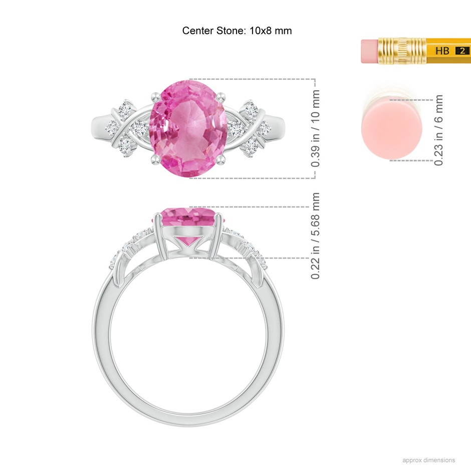 10x8mm AA Solitaire Oval Pink Sapphire Criss Cross Ring with Diamonds in White Gold ruler
