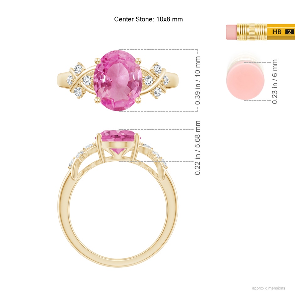 10x8mm AA Solitaire Oval Pink Sapphire Criss Cross Ring with Diamonds in Yellow Gold ruler