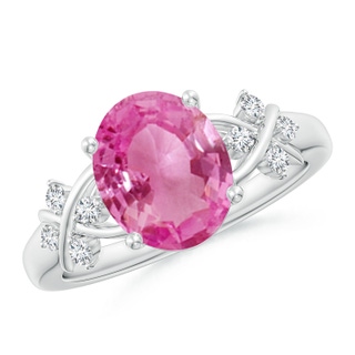 10x8mm AAA Solitaire Oval Pink Sapphire Criss Cross Ring with Diamonds in P950 Platinum