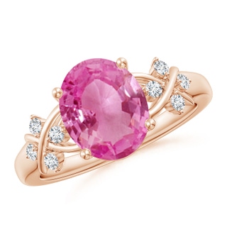 10x8mm AAA Solitaire Oval Pink Sapphire Criss Cross Ring with Diamonds in Rose Gold