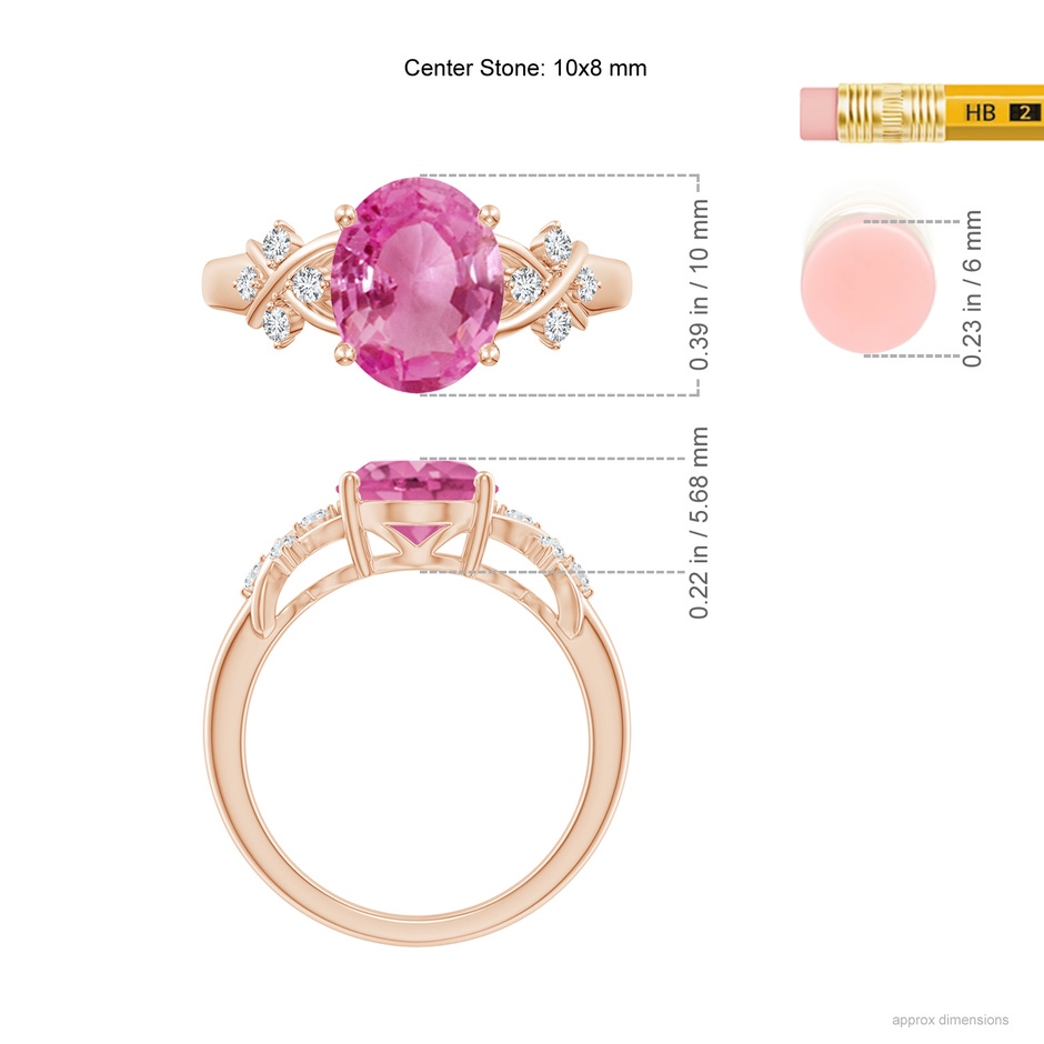 10x8mm AAA Solitaire Oval Pink Sapphire Criss Cross Ring with Diamonds in Rose Gold ruler