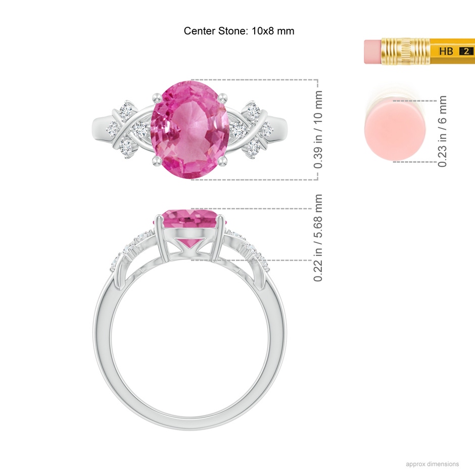 10x8mm AAA Solitaire Oval Pink Sapphire Criss Cross Ring with Diamonds in White Gold ruler