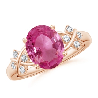 10x8mm AAAA Solitaire Oval Pink Sapphire Criss Cross Ring with Diamonds in 9K Rose Gold