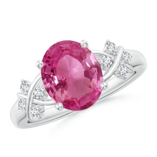 10x8mm AAAA Solitaire Oval Pink Sapphire Criss Cross Ring with Diamonds in P950 Platinum