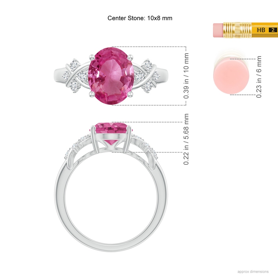 10x8mm AAAA Solitaire Oval Pink Sapphire Criss Cross Ring with Diamonds in P950 Platinum ruler