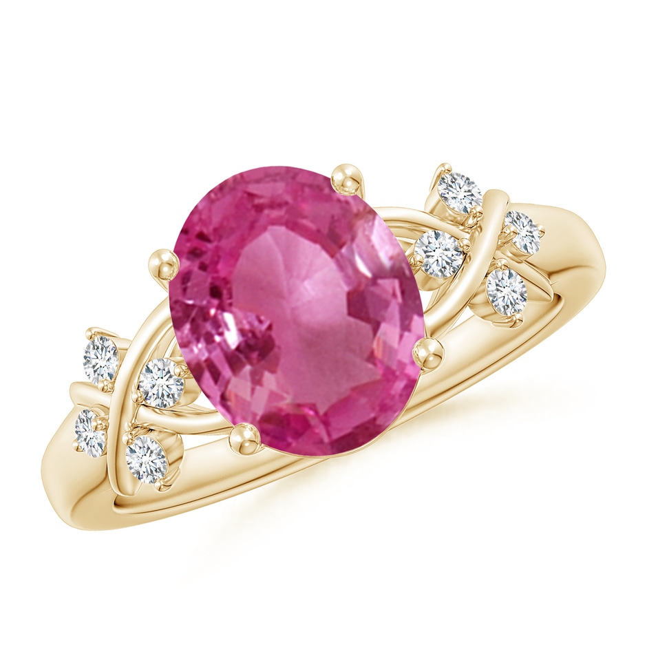 10x8mm AAAA Solitaire Oval Pink Sapphire Criss Cross Ring with Diamonds in Yellow Gold 