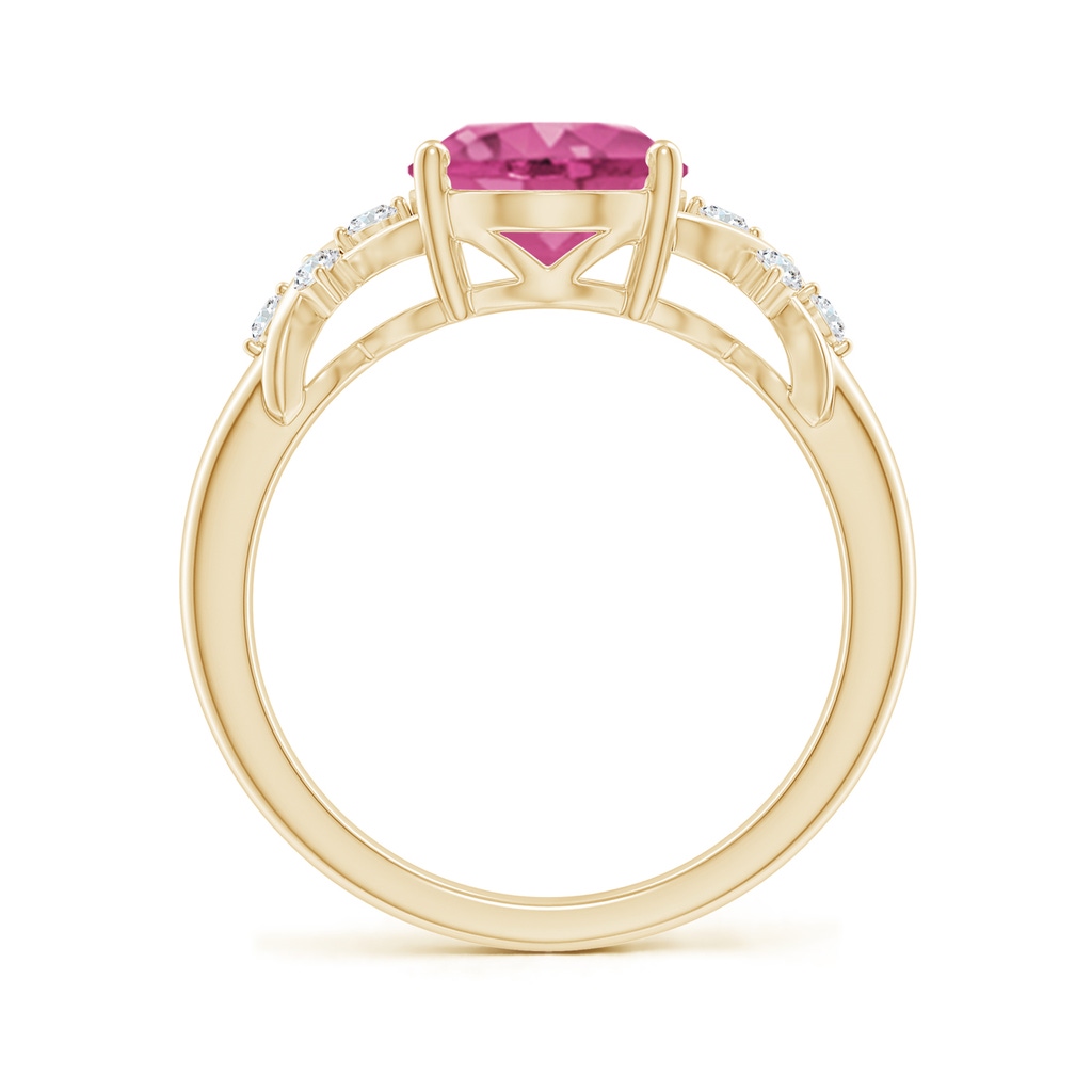 10x8mm AAAA Solitaire Oval Pink Sapphire Criss Cross Ring with Diamonds in Yellow Gold - side 199