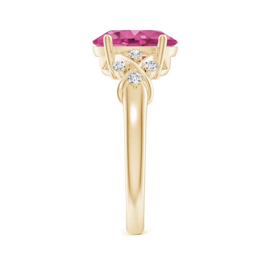 10x8mm AAAA Solitaire Oval Pink Sapphire Criss Cross Ring with Diamonds in Yellow Gold side 299