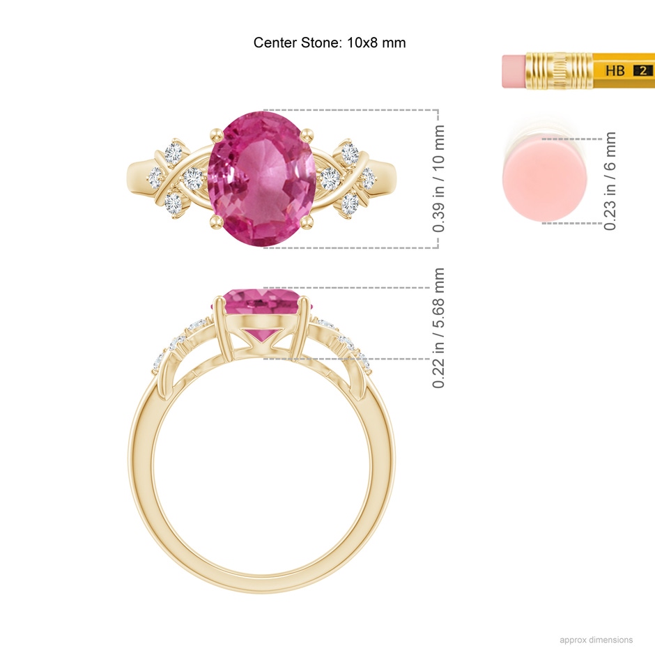 10x8mm AAAA Solitaire Oval Pink Sapphire Criss Cross Ring with Diamonds in Yellow Gold ruler