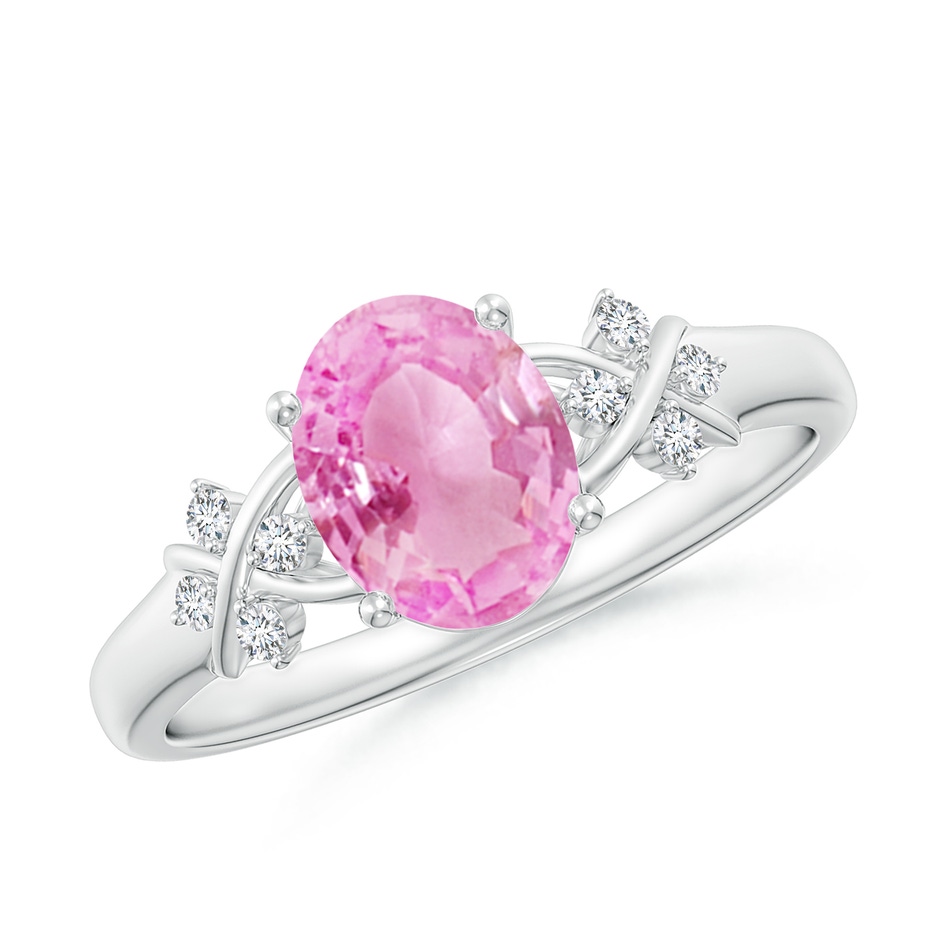 8x6mm A Solitaire Oval Pink Sapphire Criss Cross Ring with Diamonds in P950 Platinum 