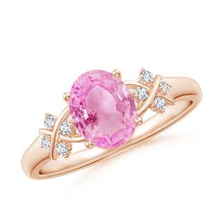 8x6mm A Solitaire Oval Pink Sapphire Criss Cross Ring with Diamonds in Rose Gold