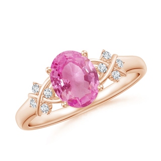 8x6mm AA Solitaire Oval Pink Sapphire Criss Cross Ring with Diamonds in 9K Rose Gold