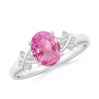 8x6mm AA Solitaire Oval Pink Sapphire Criss Cross Ring with Diamonds in P950 Platinum