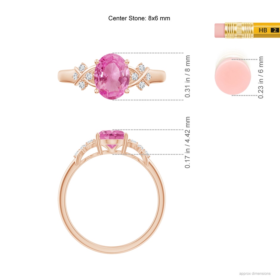 8x6mm AA Solitaire Oval Pink Sapphire Criss Cross Ring with Diamonds in Rose Gold ruler