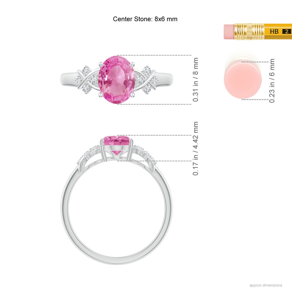 8x6mm AA Solitaire Oval Pink Sapphire Criss Cross Ring with Diamonds in White Gold ruler