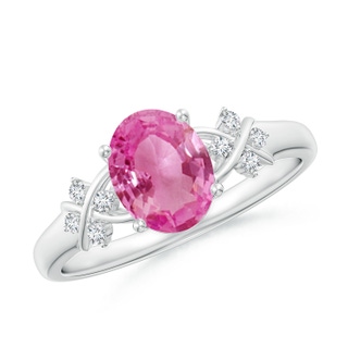 8x6mm AAA Solitaire Oval Pink Sapphire Criss Cross Ring with Diamonds in White Gold