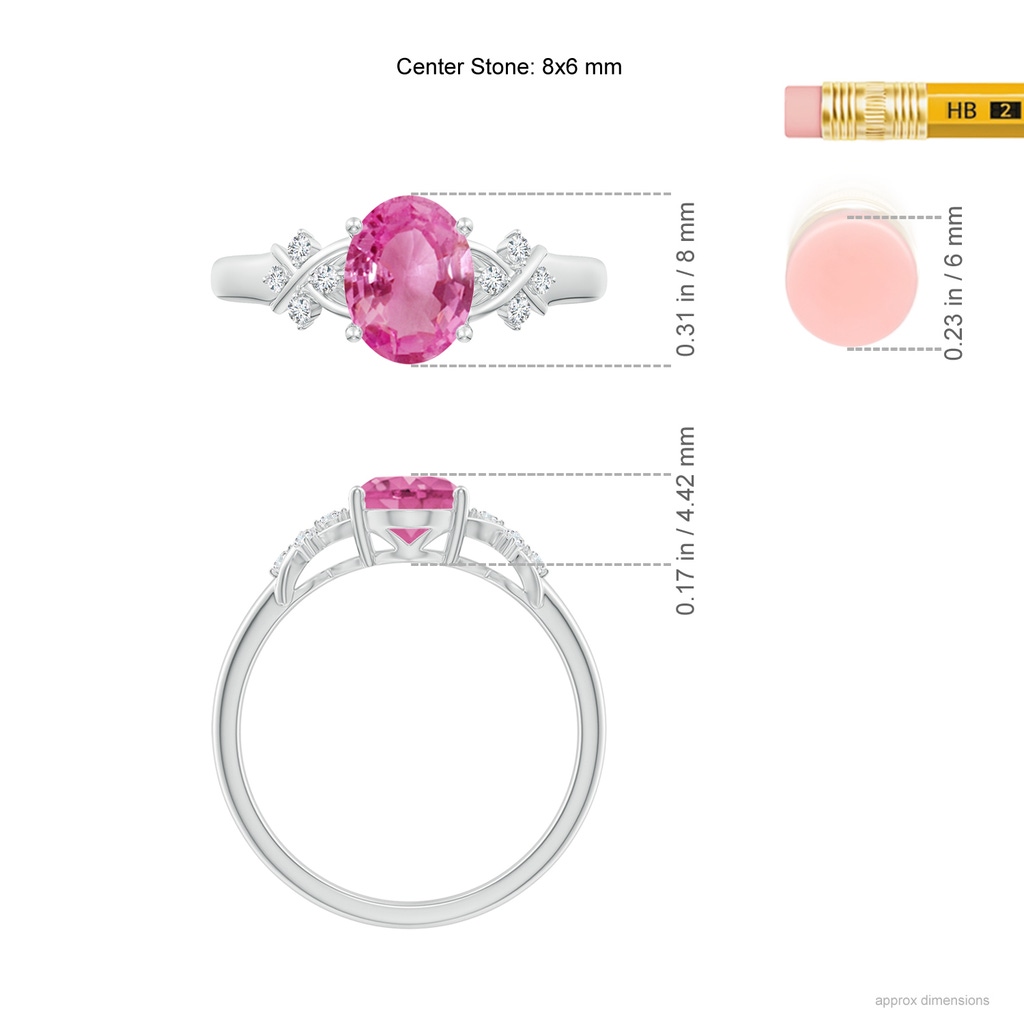 8x6mm AAA Solitaire Oval Pink Sapphire Criss Cross Ring with Diamonds in White Gold ruler
