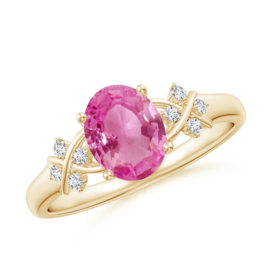8x6mm AAA Solitaire Oval Pink Sapphire Criss Cross Ring with Diamonds in Yellow Gold 