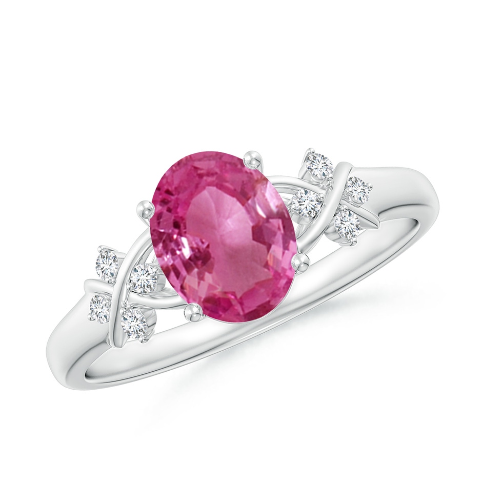 8x6mm AAAA Solitaire Oval Pink Sapphire Criss Cross Ring with Diamonds in P950 Platinum 