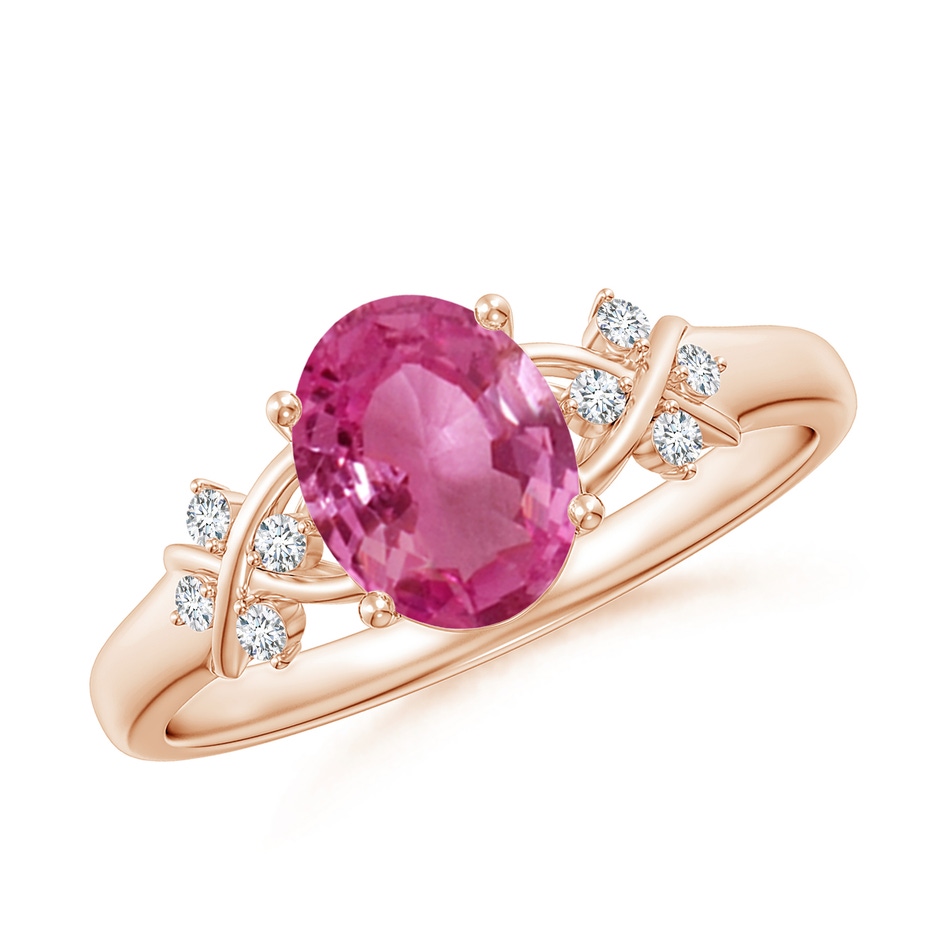 8x6mm AAAA Solitaire Oval Pink Sapphire Criss Cross Ring with Diamonds in Rose Gold 
