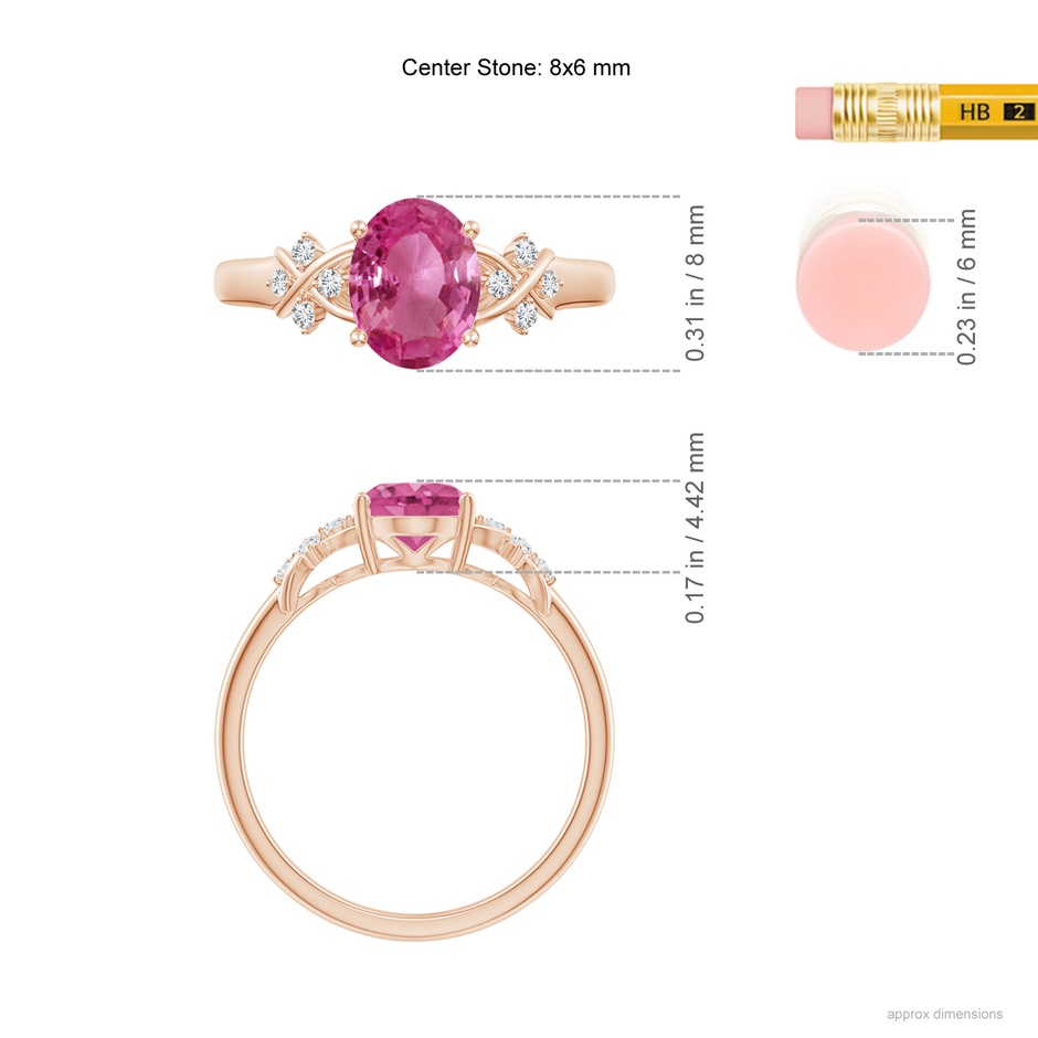 8x6mm AAAA Solitaire Oval Pink Sapphire Criss Cross Ring with Diamonds in Rose Gold ruler