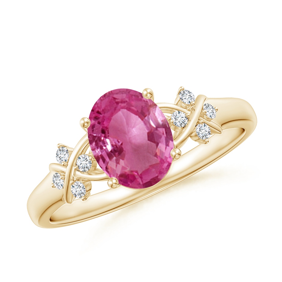 8x6mm AAAA Solitaire Oval Pink Sapphire Criss Cross Ring with Diamonds in Yellow Gold 