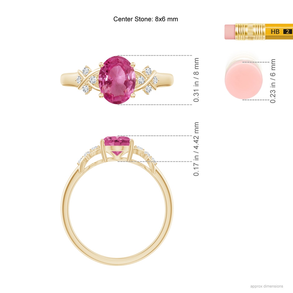 8x6mm AAAA Solitaire Oval Pink Sapphire Criss Cross Ring with Diamonds in Yellow Gold ruler