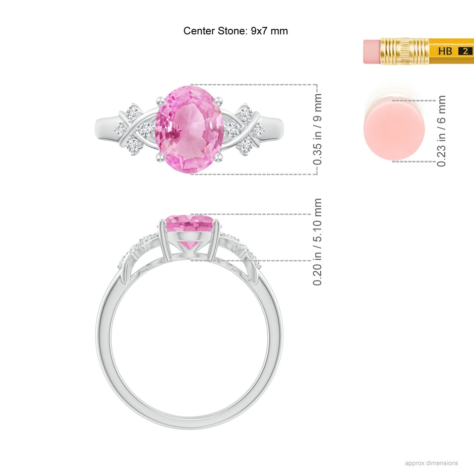 9x7mm A Solitaire Oval Pink Sapphire Criss Cross Ring with Diamonds in P950 Platinum ruler