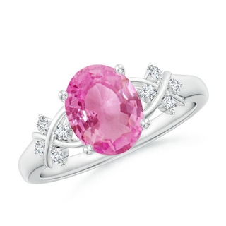 9x7mm AA Solitaire Oval Pink Sapphire Criss Cross Ring with Diamonds in P950 Platinum