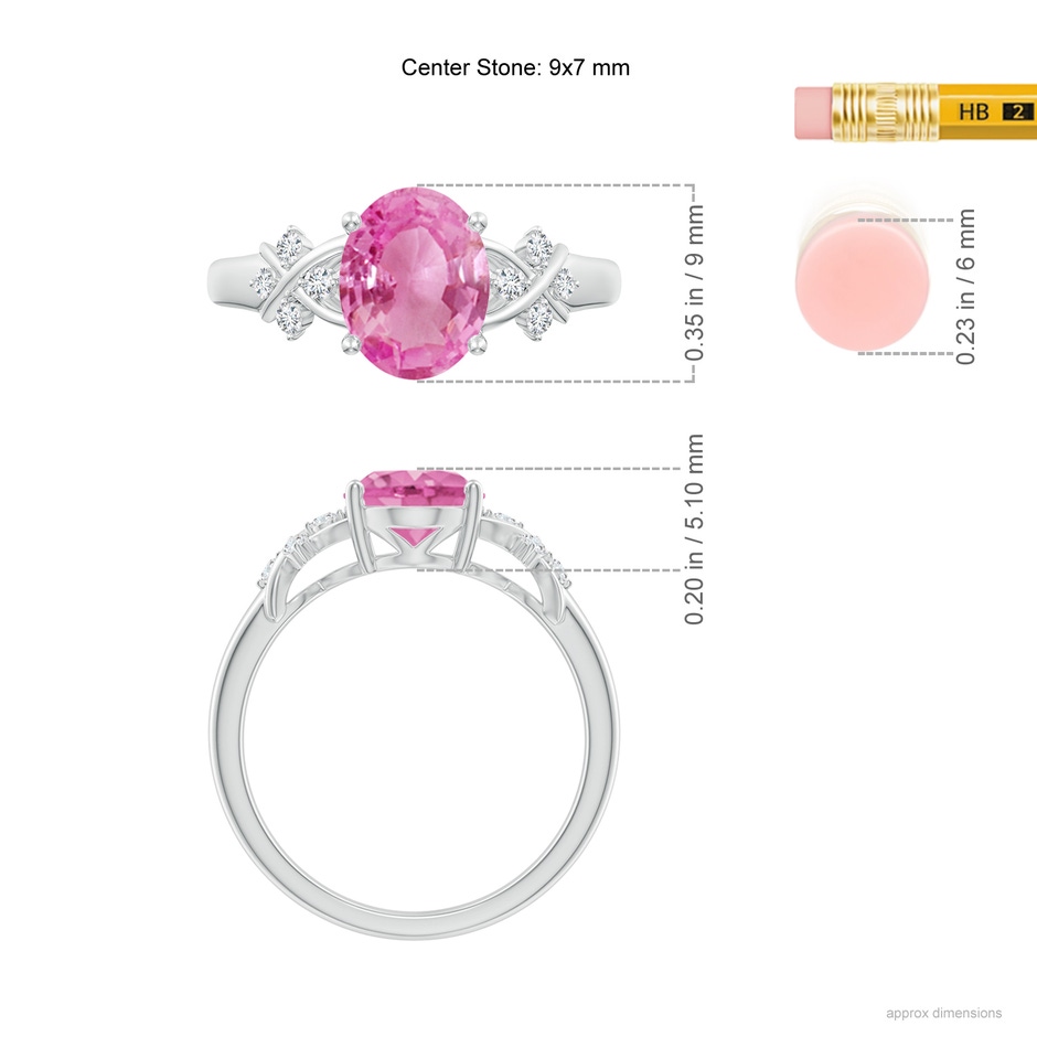 9x7mm AA Solitaire Oval Pink Sapphire Criss Cross Ring with Diamonds in White Gold ruler