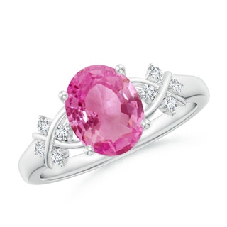 9x7mm AAA Solitaire Oval Pink Sapphire Criss Cross Ring with Diamonds in P950 Platinum
