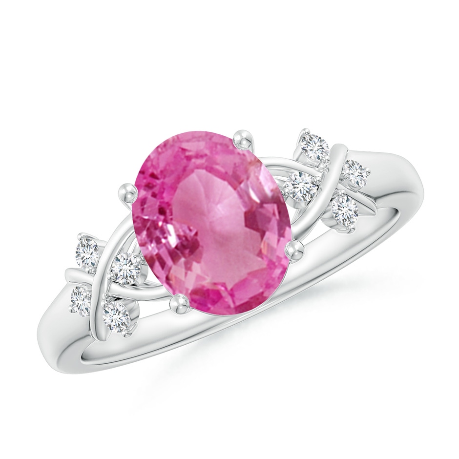 9x7mm AAA Solitaire Oval Pink Sapphire Criss Cross Ring with Diamonds in P950 Platinum 