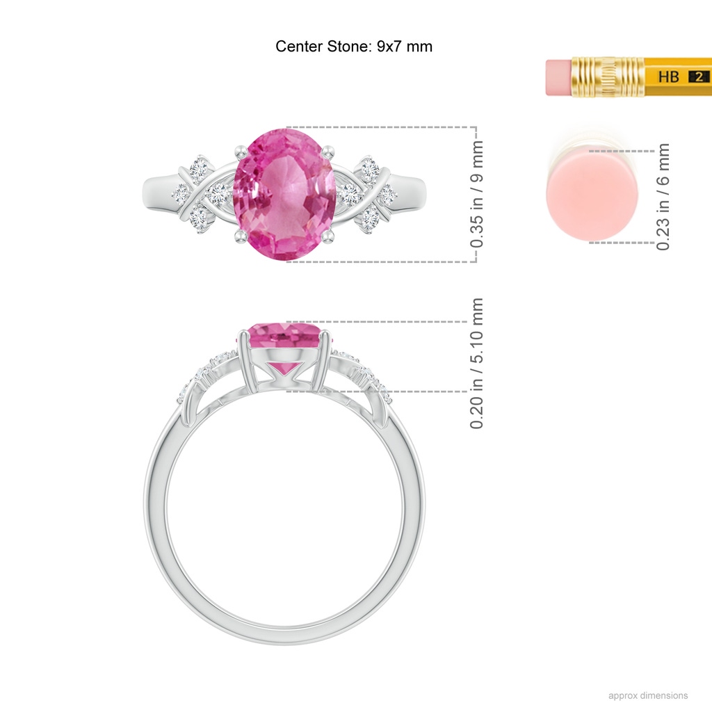 9x7mm AAA Solitaire Oval Pink Sapphire Criss Cross Ring with Diamonds in White Gold ruler